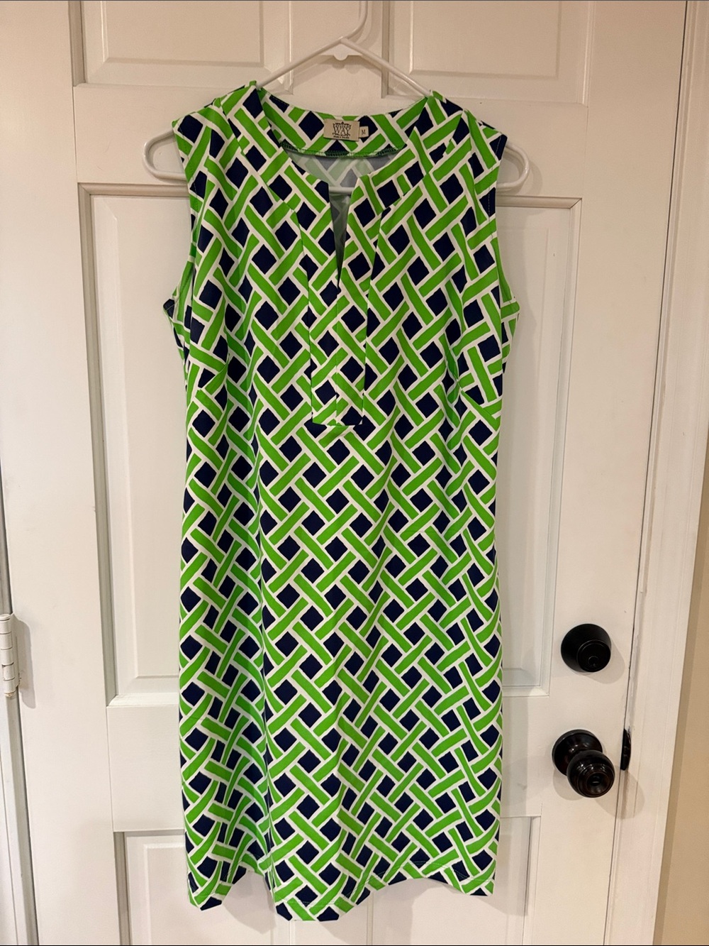 Katherine Way Neon Green & Navy Geometric Sleeveless Midi Dress M